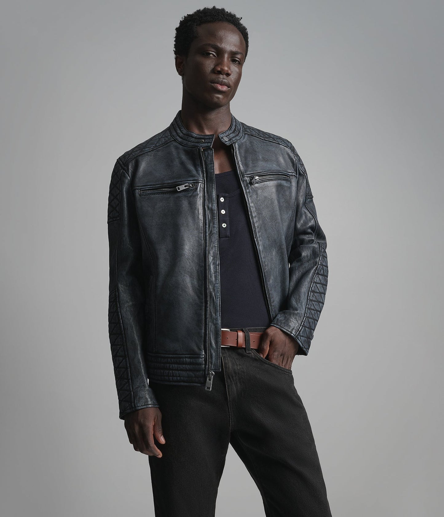 Men's Black Leather Cafe Racer Jacket
