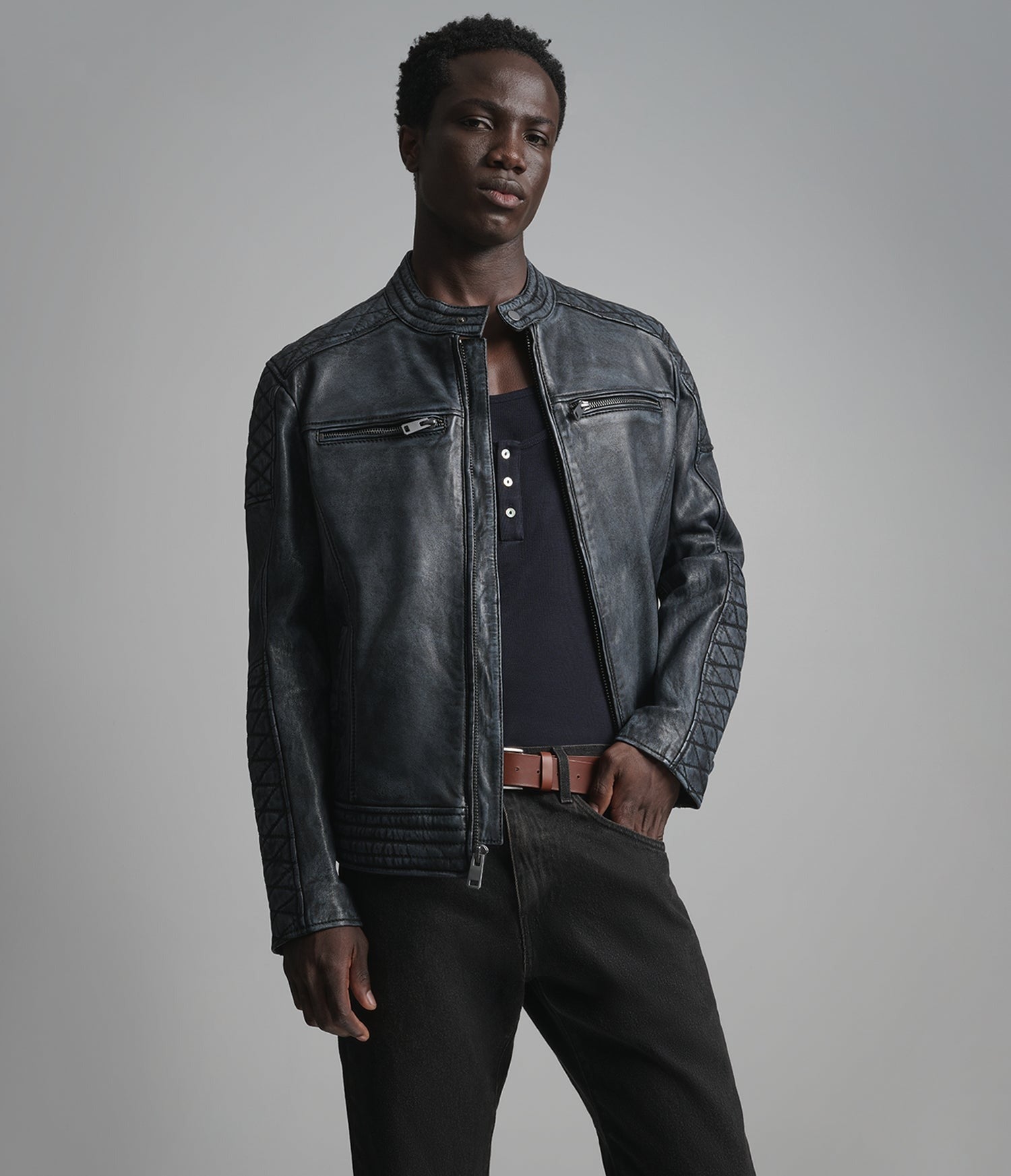 Men's Black Leather Cafe Racer Jacket