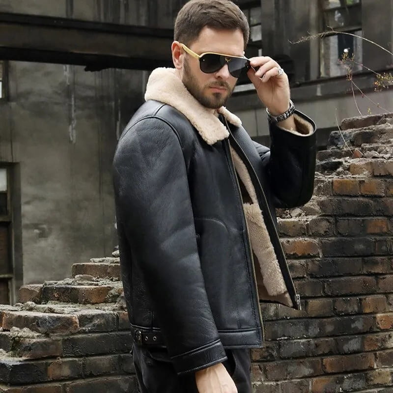 Men's Black Shearling Aviator Leather Jacket - Arcane Fox