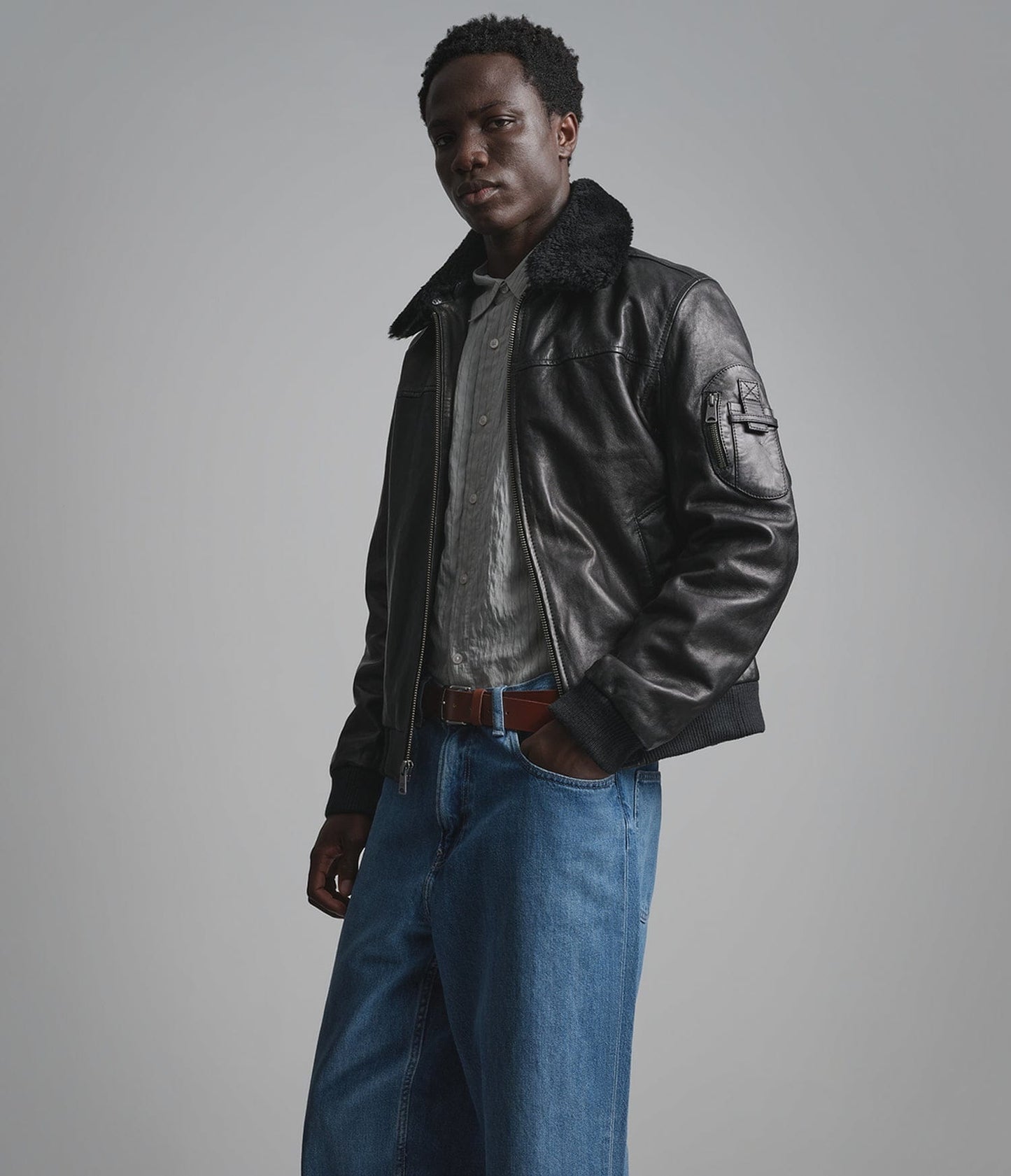 Men's Black Shearling Bomber Leather Jacket - Arcane Fox