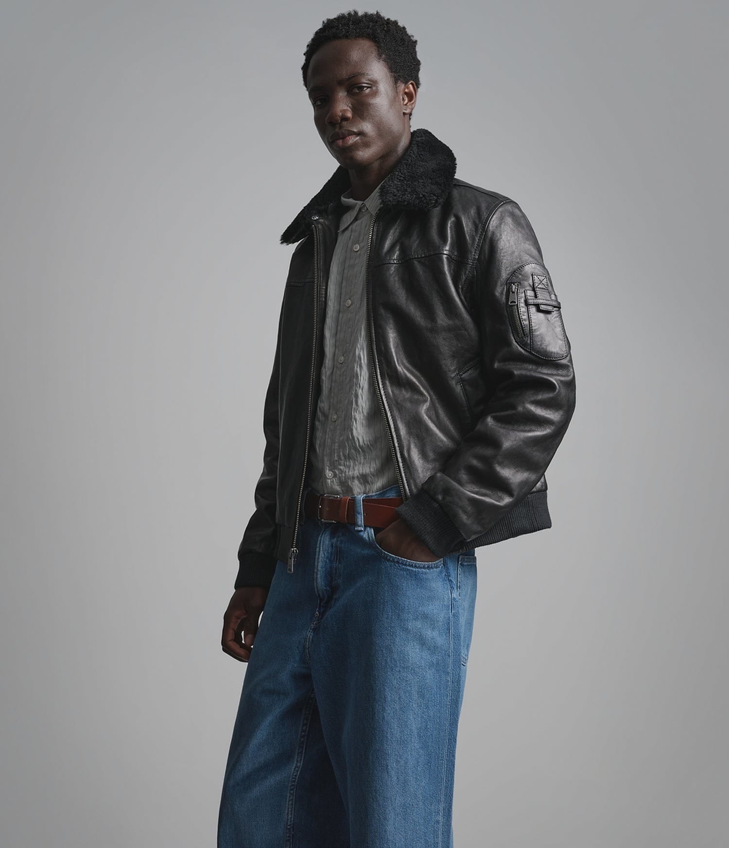 Men's Black Shearling Bomber Leather Jacket - Arcane Fox