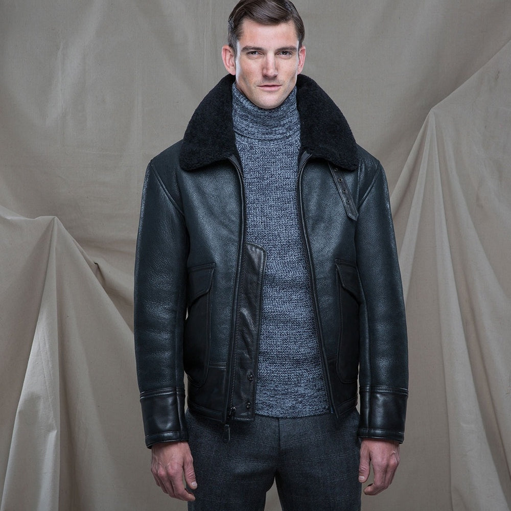Men's Black Sheepskin Fur Aviator Leather Jacket