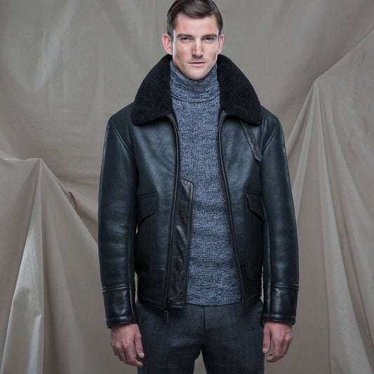 Men's Black Sheepskin Fur Aviator Leather Jacket