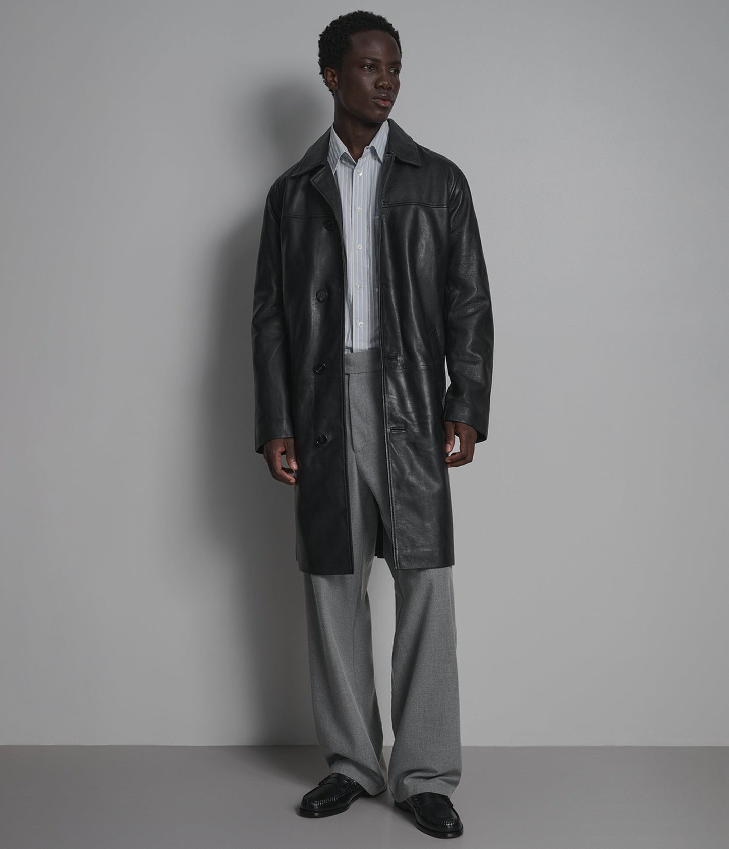 Men's Black Trench Leather Coat - Arcane Fox