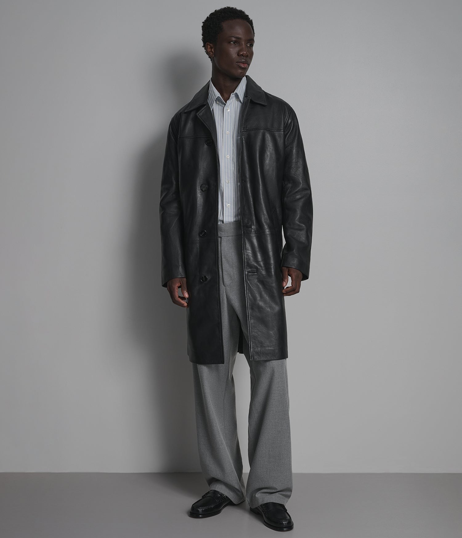 Men's Black Trench Leather Coat - Arcane Fox