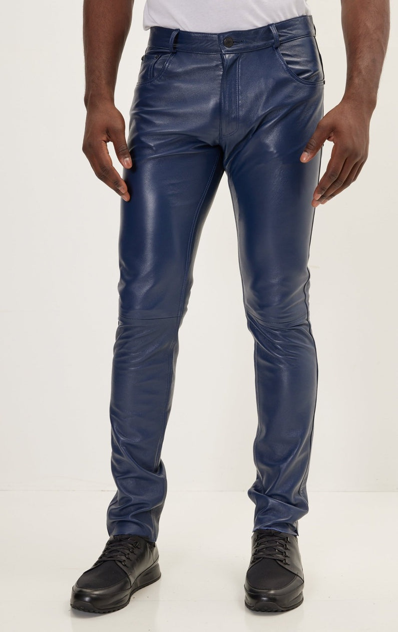 Men's Blue Biker Leather Pant