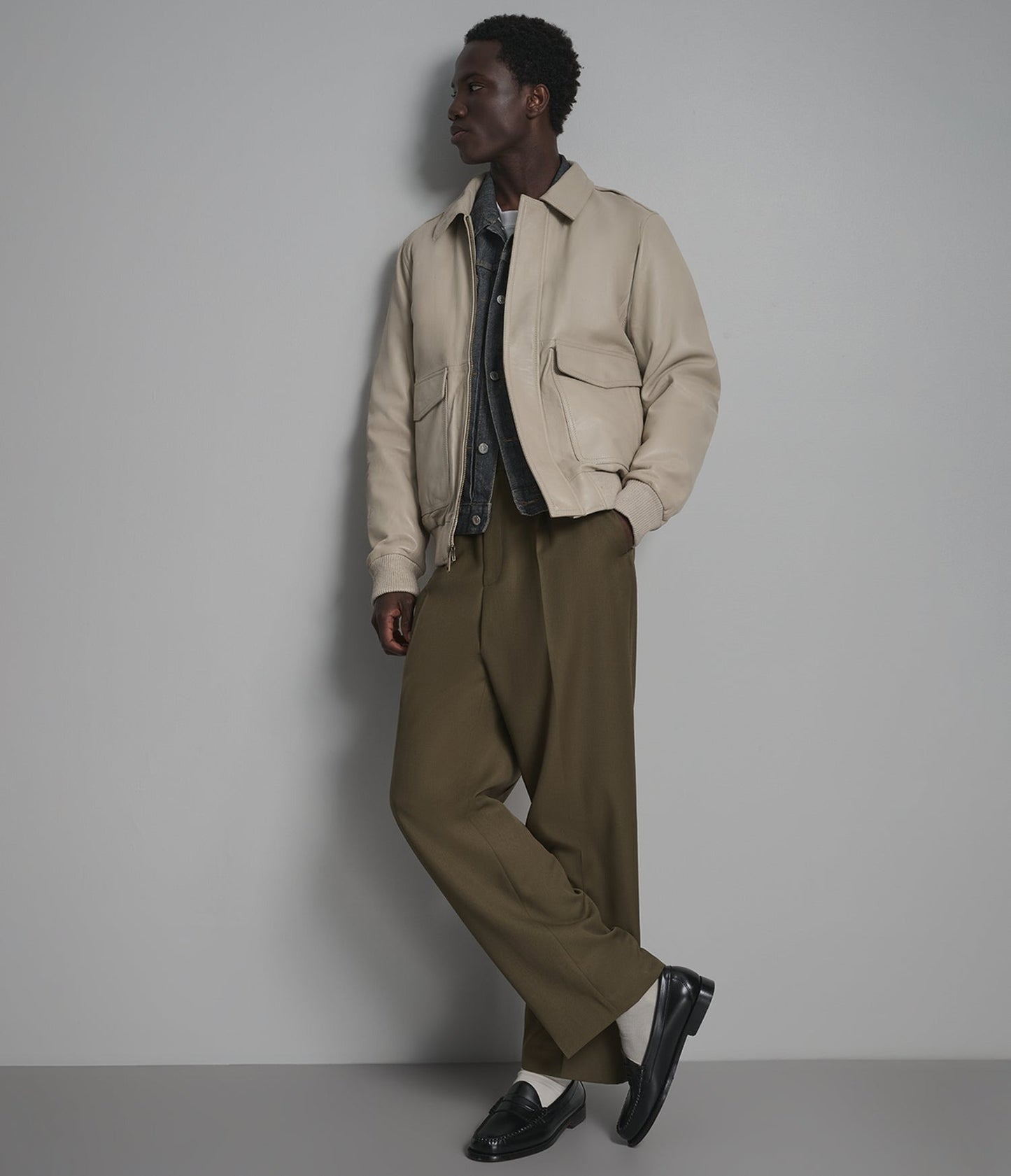 Men's Bomber Harrington Leather Jacket In Off White