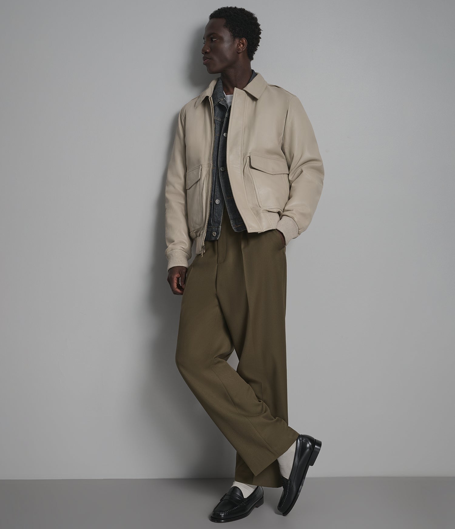 Men's Bomber Harrington Leather Jacket In Off White