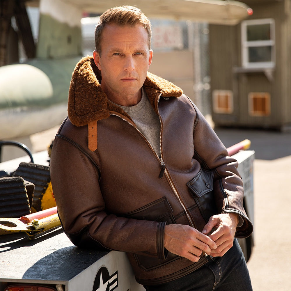 Men's Brown Fur Aviator Leather Jacket