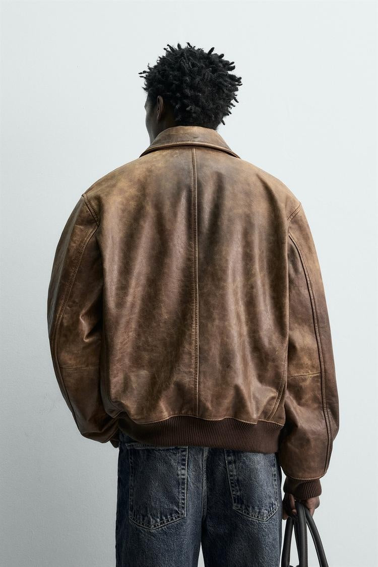 Men's Brown Bomber Distressed Leather Jacket