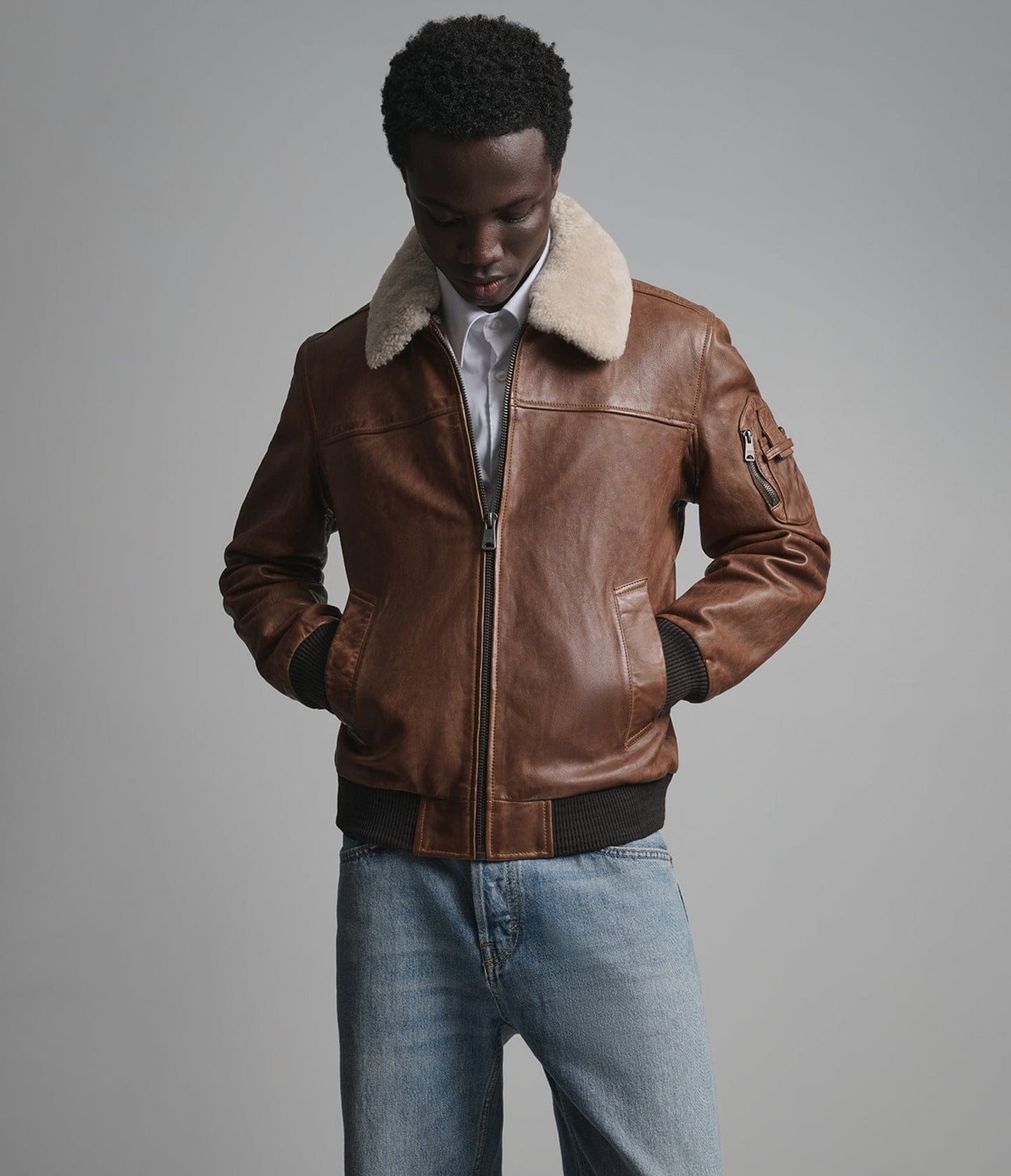 Men's Brown Bomber Shearling Leather Jacket - Arcane Fox