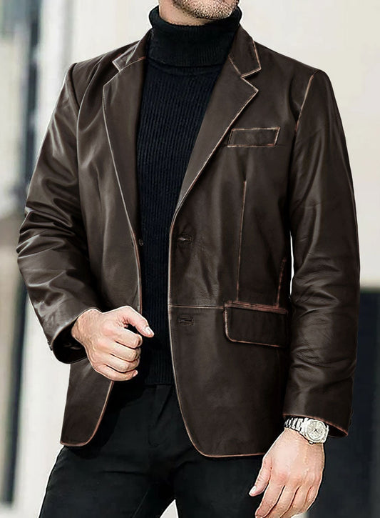 Men's Chocolate Brown Distressed Leather Blazer