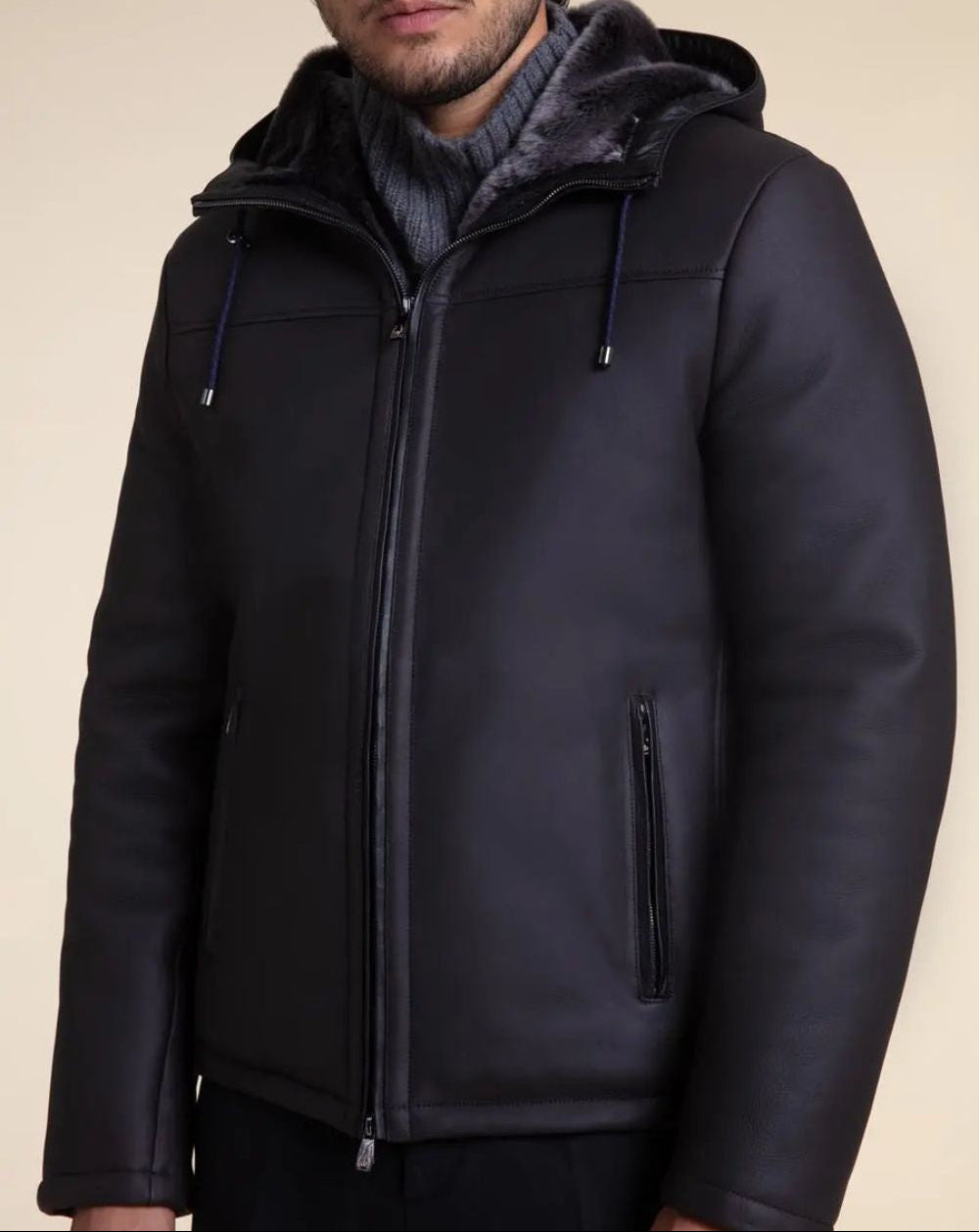 Men's Classic Black Shearling Hooded Leather Jacket