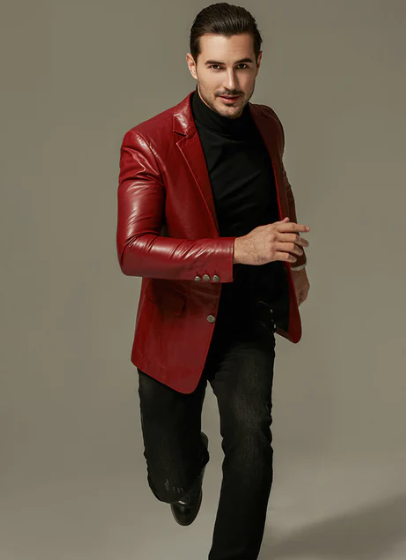 Men's Classic Leather Blazer In Red