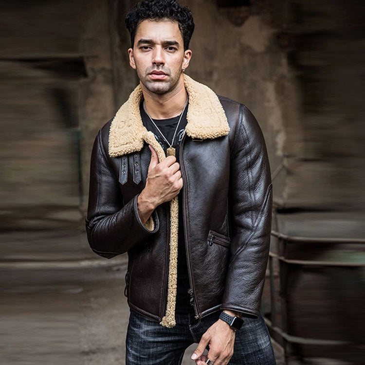 Men's Coffee Brown Aviator Fur Leather Jacket With Straped Collar