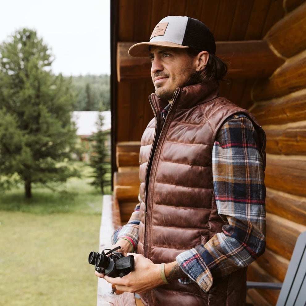 Men's Coffee Brown Puffer Leather Vest