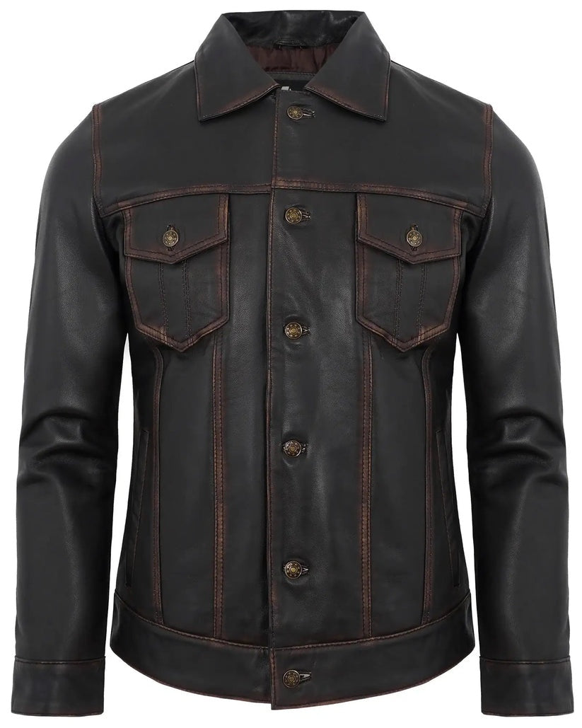 Men's Coffee Brown Trucker Distressed Leather Jacket