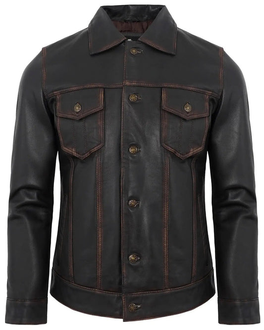 Men's Coffee Brown Trucker Distressed Leather Jacket
