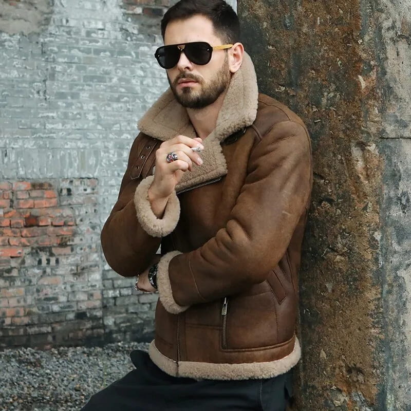 Men's Dark Brown B3 Sheepskin Biker Leather Jacket - Arcane Fox