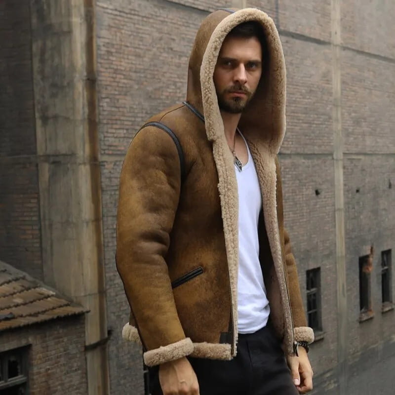 Men's Dark Brown B3 Sheepskin Distressed Leather Jacket With Hood - Arcane Fox