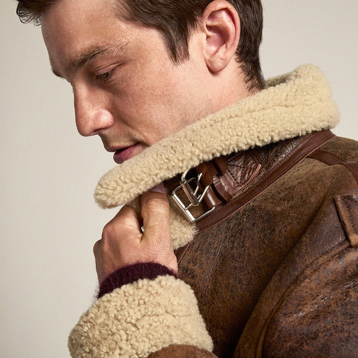 Men's Dark Brown Shearling Distressed B7 Leather Jacket
