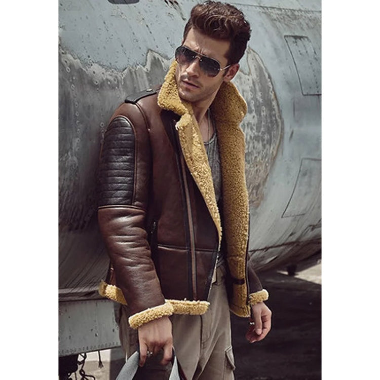 Men's Dark Brown Sheepskin Biker Fur Leather Jacket