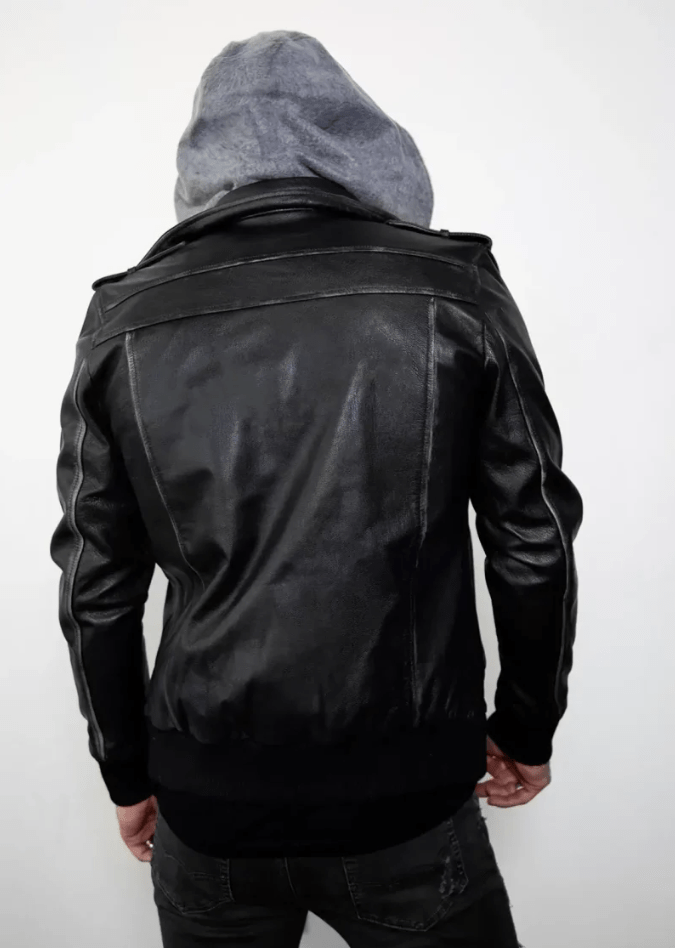 Men's Distressed Bomber Leather Jacket In Black