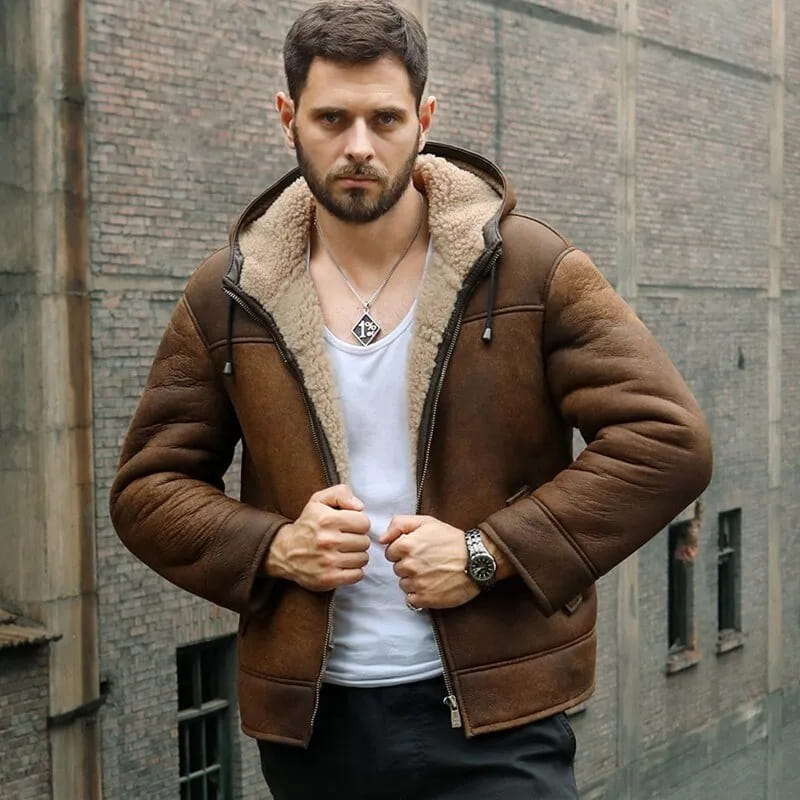 Men's Distressed Shearling Hooded Leather Jacket In Dark Brown