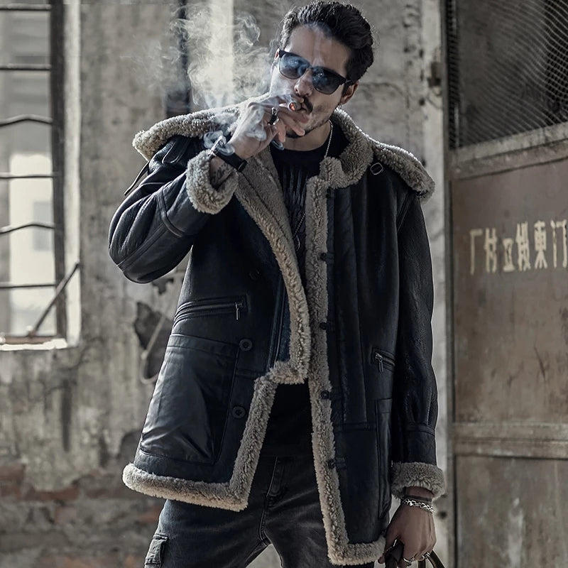 Men's B7 Gray Fur Shearling Coat In Black With Removable Hood