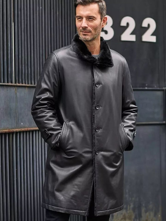 Men's Double Sided Long Shearling Coat In Black