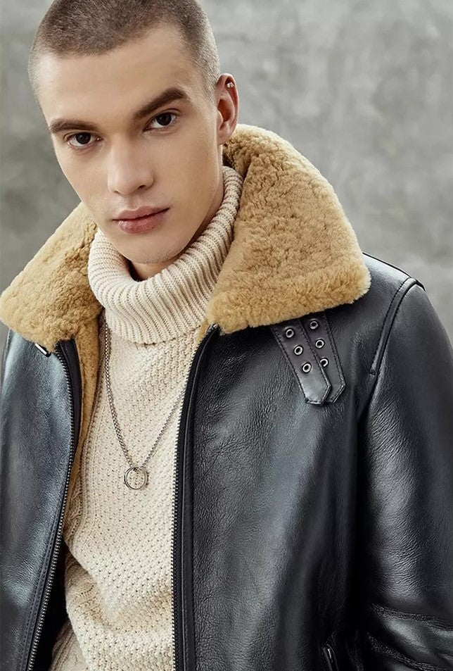Men's Fur B3 Bomber Black Leather Jacket