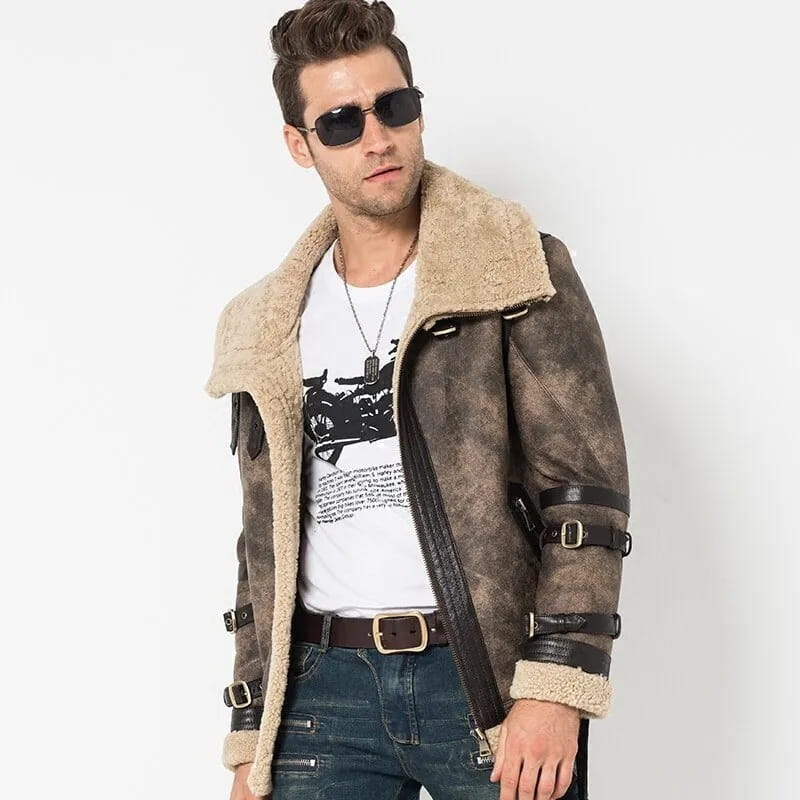 Men's Gray B3 Shearling Distressed Leather Jackets With Oversized Collar - Arcane Fox