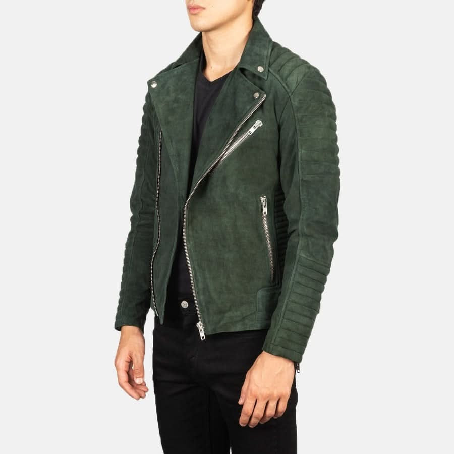 Men's Green Biker Suede Leather Jacket