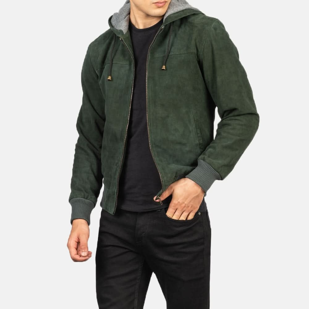 Men's Green Suede Hooded Leather Jacket
