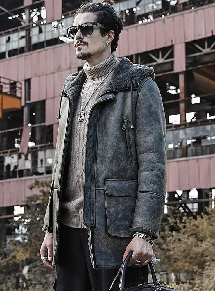 Men's Hooded Shearling Distressed Leather Coat In Gray - Arcane Fox