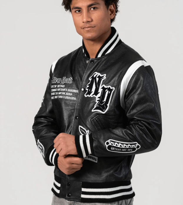 Men's Letterman Bomber Leather Jacket In Black