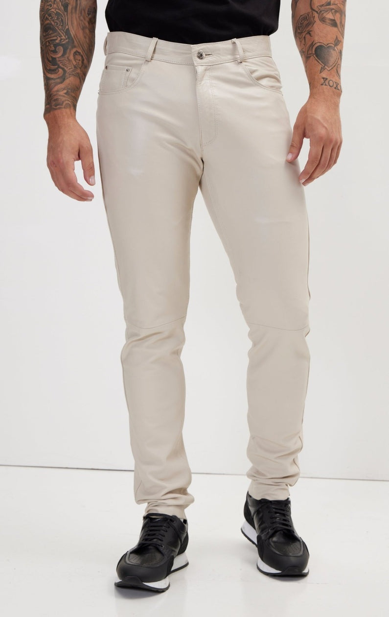 Men's Off White Leather Biker Pant
