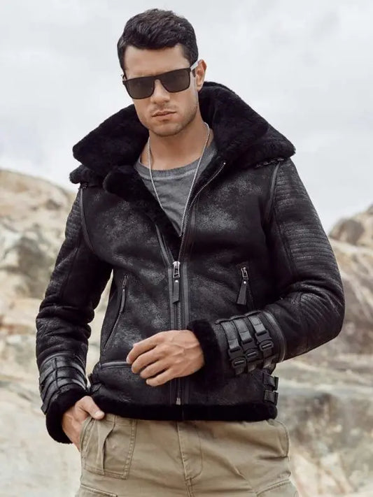 Arcane Fox - Men's Shearling B3 Motorcycle Leather Jacket In Black