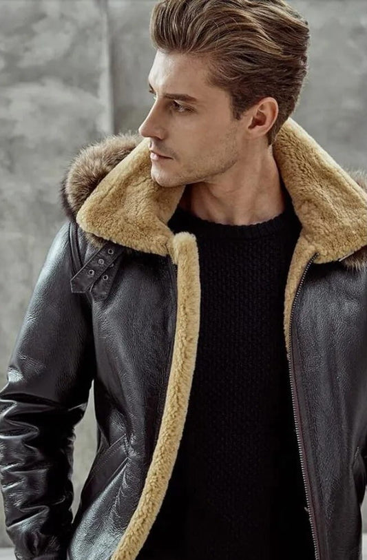 Men's Shearling B3 Parka Leather Jacket In Black - Arcane Fox