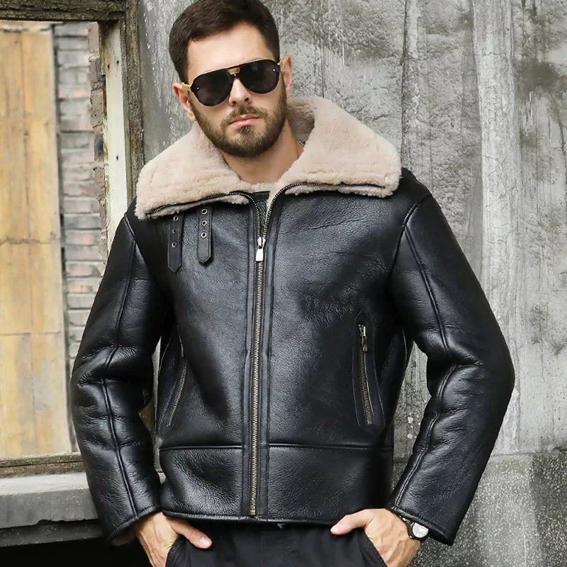 Men's Shearling Black leather jacket With Oversized Collar