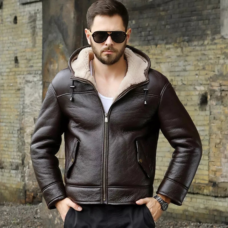 Men's Shearling Hooded Leather Jacket In Coffee Brown