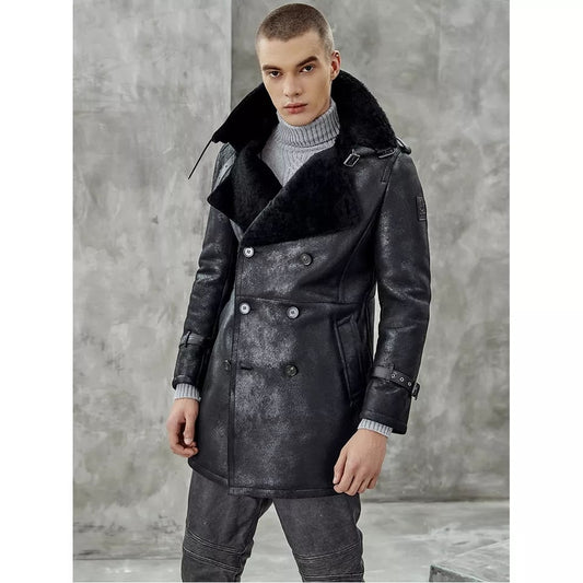 Men's Shearling Leather Coat In Black