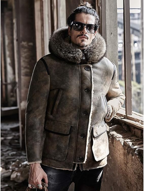 Men's Shearling Parka Leather Jackets In Tan Beige