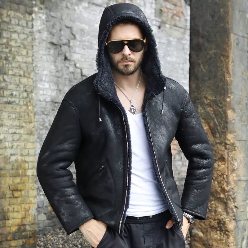 Men's Sheepskin Hooded Black Leather Jacket