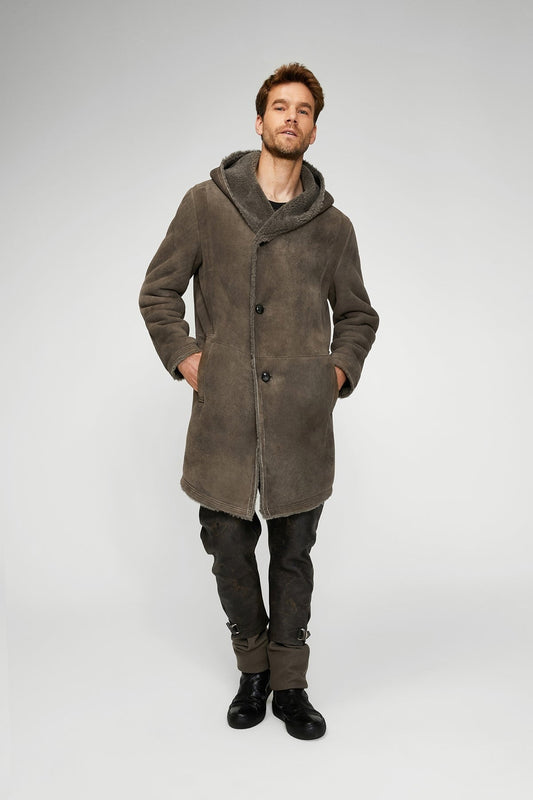 Men's Sheepskin Leather Coat In Gray With Hood