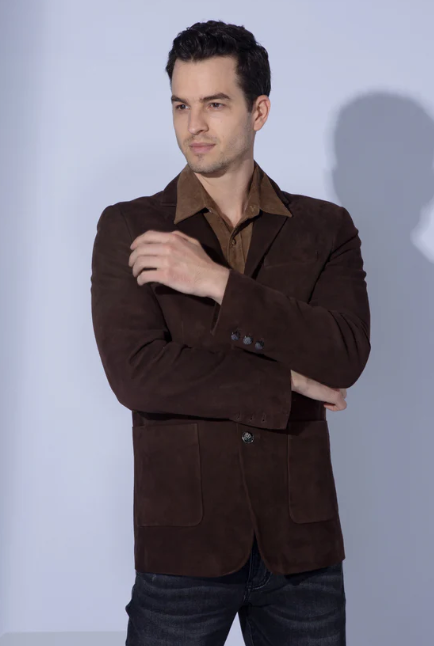 Men's Suede Leather Blazer In Dark Brown