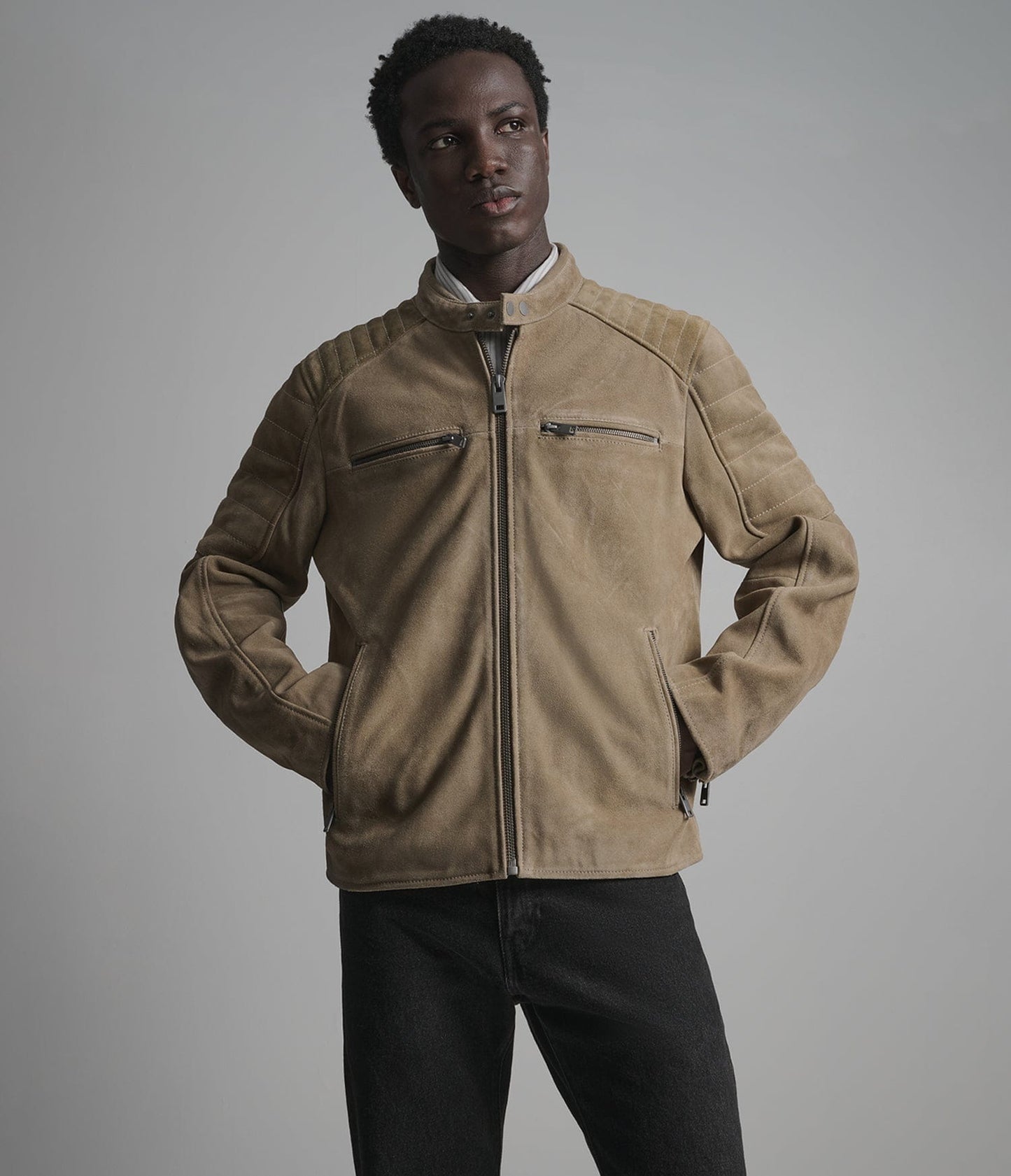 Men's Tan Cafe Racer Suede Leather Jacket - Arcane Fox