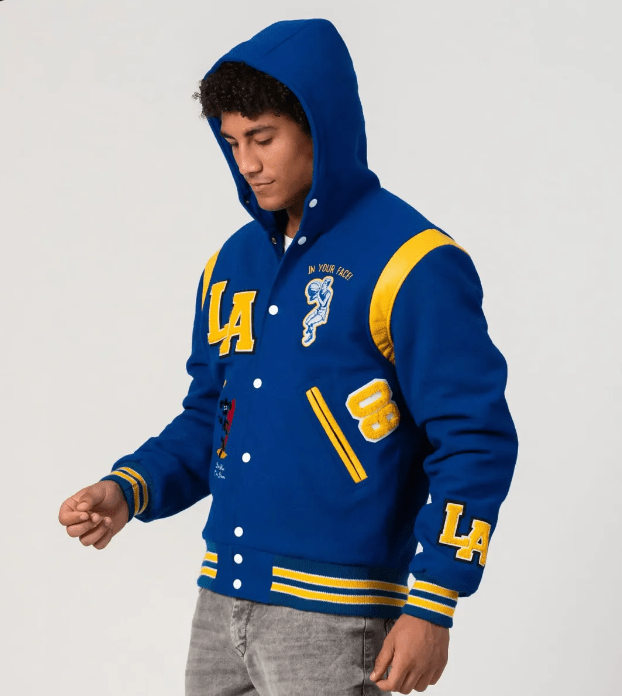 Men's Varsity Bomber Leather Jacket In Blue With Hood