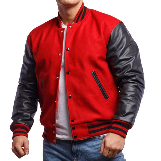 Men's Varsity Leather Jacket In Red & Black Sleeves