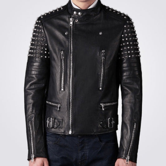 Men's Studded Motorcycle Leather Jacket In Black